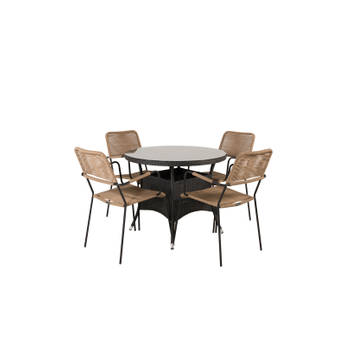 Volta tuinmeubelset tafel Ø90cm en 4 stoel armleuningL Lindos zwart.