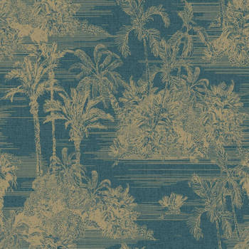 DUTCH WALLCOVERINGS Behang Tropical donkerblauw en goudkleurig