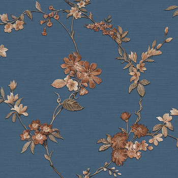 DUTCH WALLCOVERINGS Behang Flower donkerblauw en bronskleurig