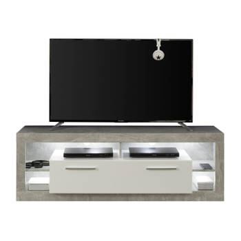 Rock TV-meubel 150 cm 1 vouwbaar, 4 open vakken beton decor, wit, wit hoogglans.