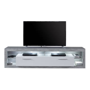 Rock TV-meubel 200 cm 1 deur, 4 open vakken beton decor, wit, wit hoogglans.