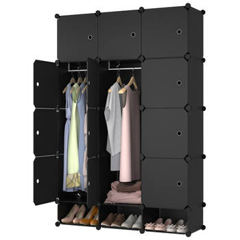 Lowander 3x5 vakkenkast 'Roma' zwart 165x111 cm - kunststof kledingkast met hangruimte / roomdivider afsluitbaar
