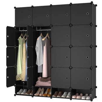 Lowander 4x5 vakkenkast 'Bari' zwart 150x165 cm - kunststof kledingkast met hangruimte / roomdivider afsluitbaar