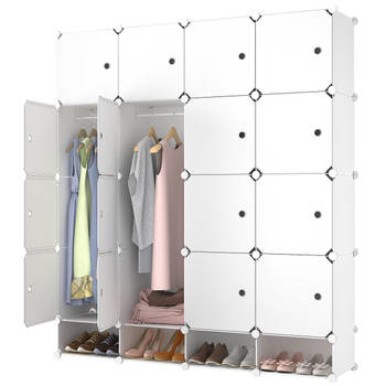 Lowander 4x5 vakkenkast 'Catania' wit 150x165 cm - kunststof kledingkast met hangruimte / roomdivider afsluitbaar