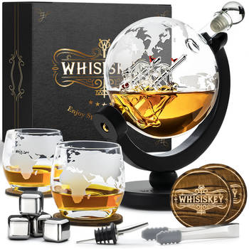 Whisiskey Whiskey Karaf - Wereldbol - Luxe Whisky Karaf Set - 0,9 L - Decanteer karaf - Incl. Accessoires