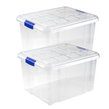2x stuks opslagboxen/bakken/organizers met deksel 25 liter 42 x 36 x 25 cm transparant - Opbergbox