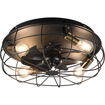 LED Plafondlamp met Ventilator - Plafondventilator - Trion Turbind - E27 Fitting - Afstandsbediening - Rond - Mat Zwart