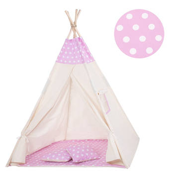 Tipi Tent Wigwam Speeltent 120x100x180 cm Met Mat en Kussens Naturel Roze Stippen