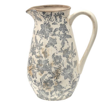 Clayre & Eef Decoratieve Kan 24*17*30 cm Grijs Beige Keramiek Bloemen Waterkan Schenkkan Vaas Grijs Waterkan Schenkkan