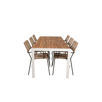 Bois tuinmeubelset tafel 90x205cm en 6 stoel armleuning Lindos zwart, naturel, wit.