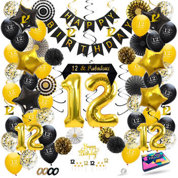 Fissaly® 12 Jaar Verjaardag Decoratie Versiering - Ballonnen – Jubileum - Jongen & Meisje - Zwart en Goud