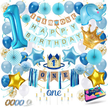 Fissaly® Baby 1 Jaar Verjaardag Versiering Jongen XXL – Happy Birthday Kind Decoratie Incl. Ballonnen – Blauw