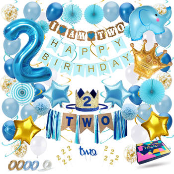Fissaly® Kind 2 Jaar Verjaardag Versiering Jongen XXL – Happy Birthday Decoratie Incl. Ballonnen – Blauw
