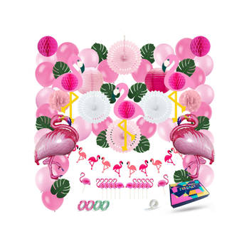 Fissaly® 72 Stuks Tropische Flamingo Feest Decoratie – Roze Ballonnen – Honeycomb Versiering – Hawaii & tropical