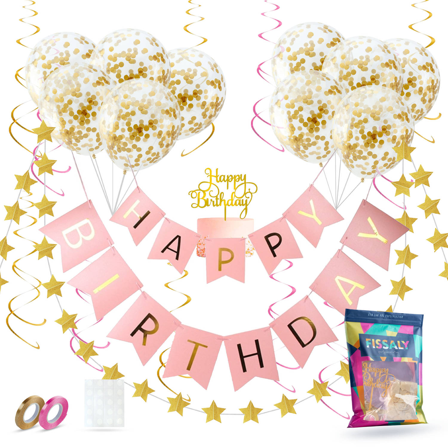 Fissaly® Verjaardag Slinger Roze & Goud met Papieren Confetti Ballonnen – Decoratie – Happy Birthday - Letterslinger