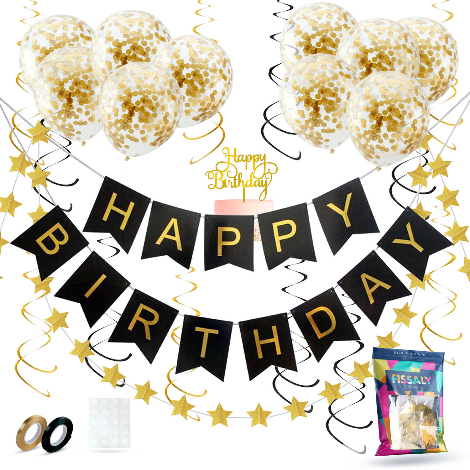 Fissaly® Verjaardag Slinger Zwart & Goud met Papieren Confetti Ballonnen - Decoratie - Happy Birthday