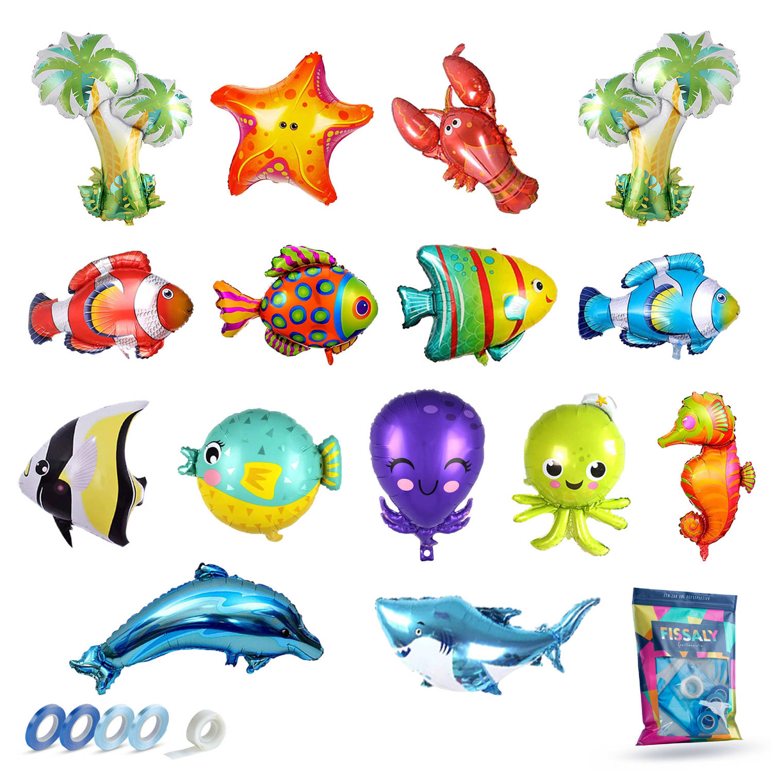 Fissaly® 15 Stuks Oceaan Zeedieren Folie Ballonnen – Feest decoratie – Verjaardag Zee Versiering – Incl. Vis, Haai, Dolfijn & meer