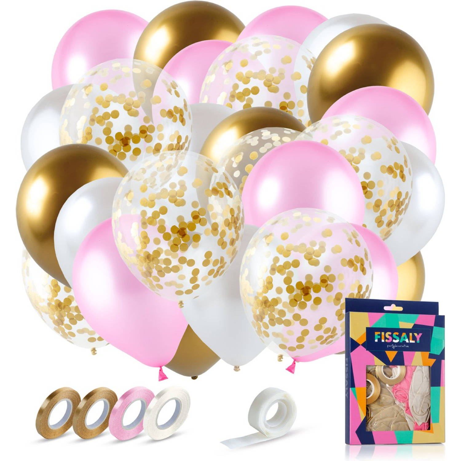Fissaly® 40 Stuks Goud, Creme wit, Roze & Papieren Confetti Goud Latex Ballonnen met Accessoires - Helium - Decoratie