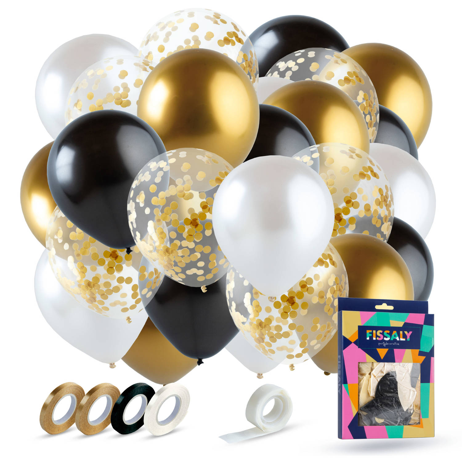 Fissaly® 40 stuks Goud, Zwart & Wit Helium Ballonnen met Lint - Versiering Decoratie - Papieren Confetti - Latex