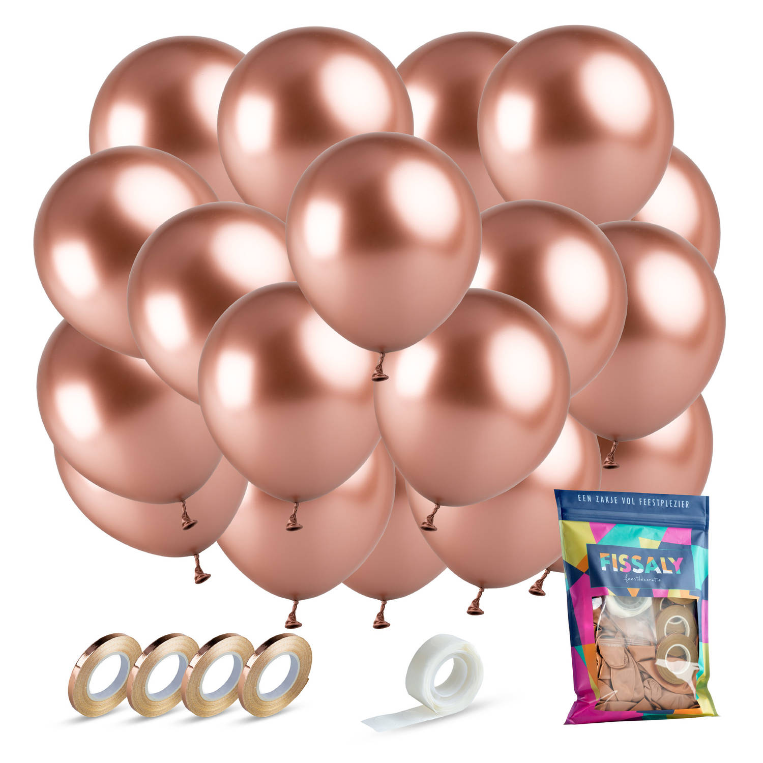 Fissaly® 40 stuks Metallic Rose Goud Helium Latex Ballonnen met Lint Versiering - Feest Decoratie - Chrome Roze & Gouden