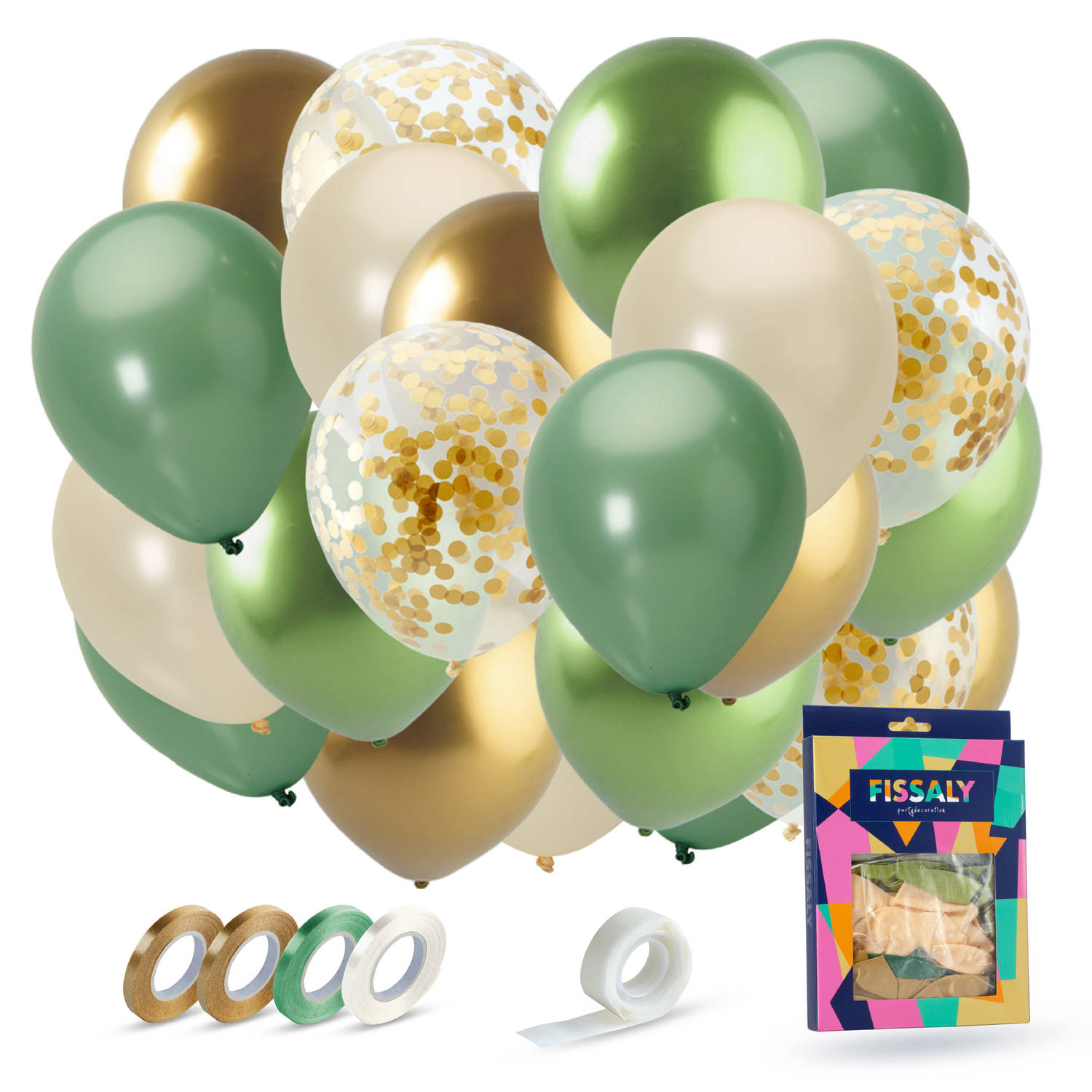 Fissaly® 40 stuks Olijfgroen & Gouden Ballonnen Set met Lint - Feest Decoratie - Verjaardag Versiering - Helium