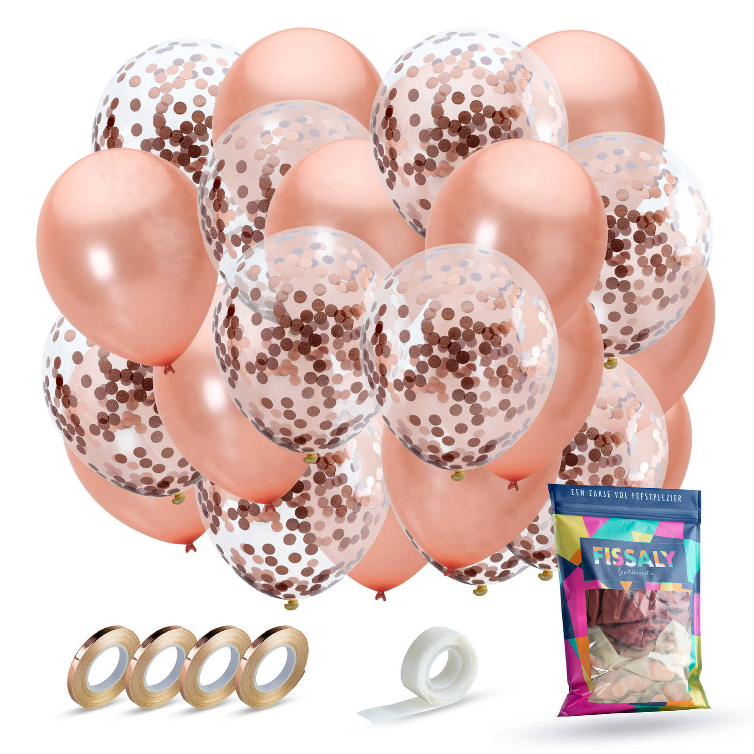 Fissaly® 40 stuks Rose Goud Helium Ballonnen met Lint – Verjaardag Versiering - Decoratie - Papieren Confetti – Roze Gold Latex