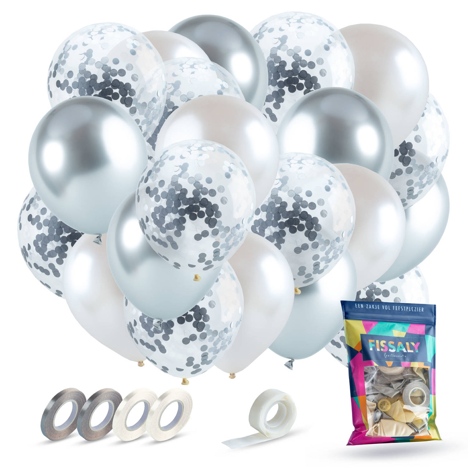 Fissaly® 40 stuks Zilver, Wit & Zilveren Papieren Confetti Helium Latex Ballonnen met Accessoires - Metallic Chrome
