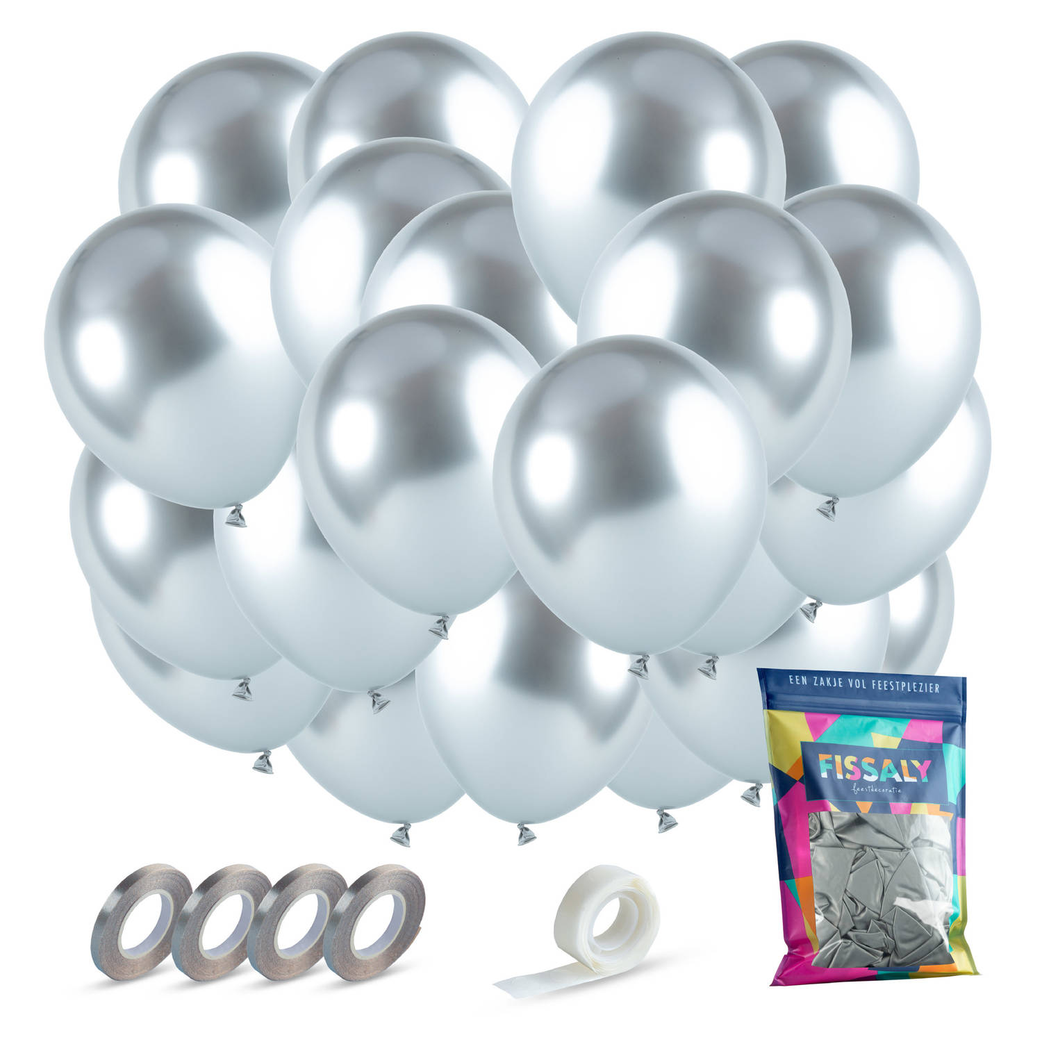 Fissaly® 40 stuks Zilveren Chrome Helium Latex Ballonnen met Lint - Decoratie – 25 Jaar Getrouwd – Feest Versiering Metallic Zilver
