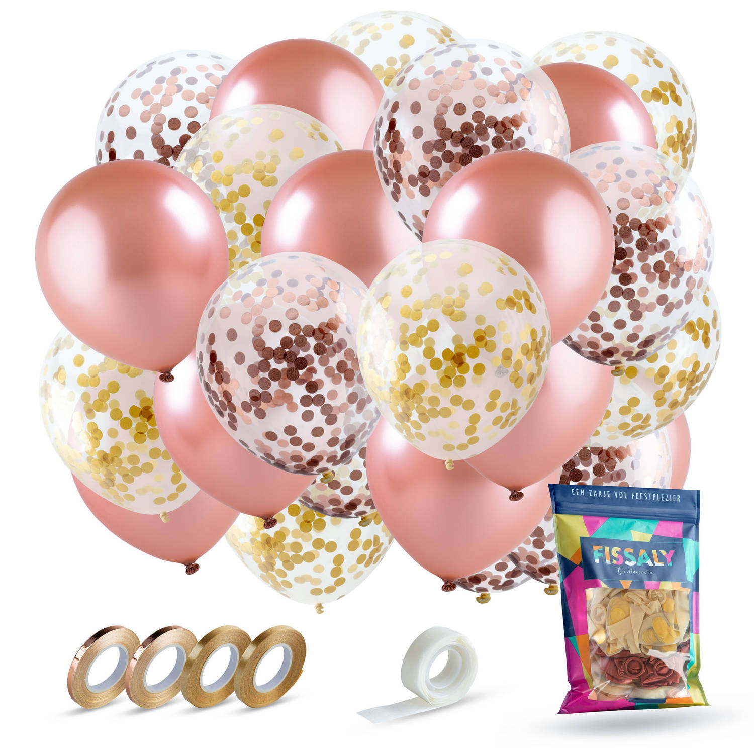 Fissaly® 60 stuks Rose Goud Helium Ballonnen Set met Lint - Decoratie - Papieren Confetti - Latex