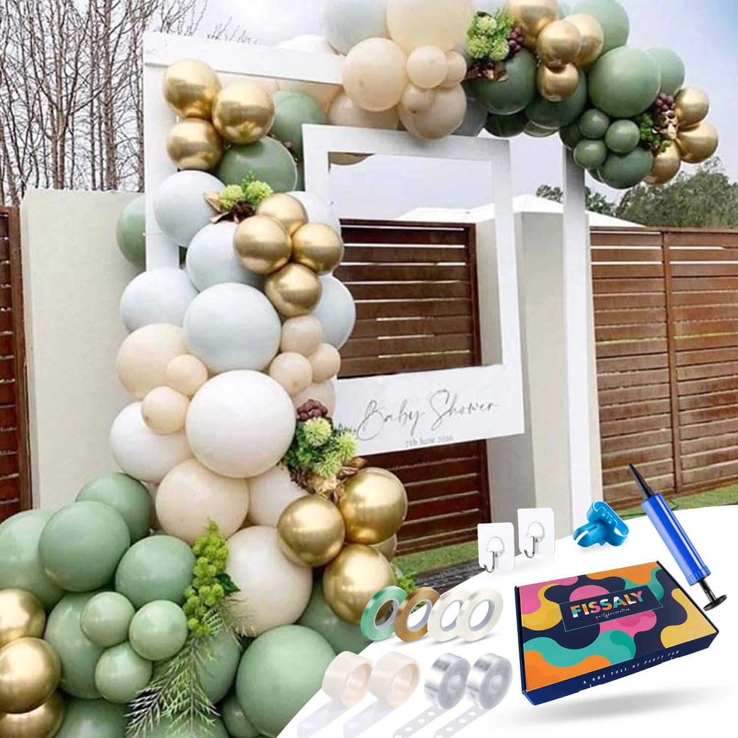 Fissaly® Dubbel Gevulde Ballonnenboog Retro Groen, Goud, Ivoor Wit & Macaron Blauw - Ballonboog Feest Decoratie