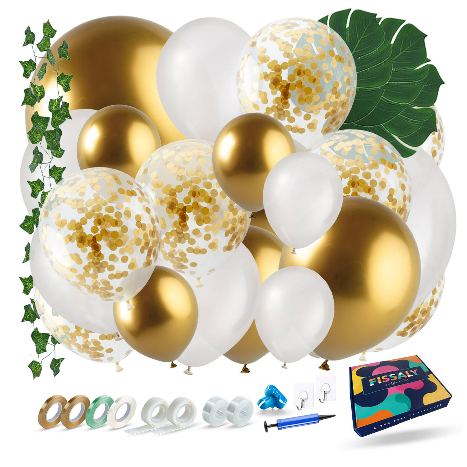 Fissaly® 142 Stuks Dubbel Gevulde Ballonnenboog Wit, Goud & Groen - Ballonboog Feest Decoratie Versiering Ballonnen