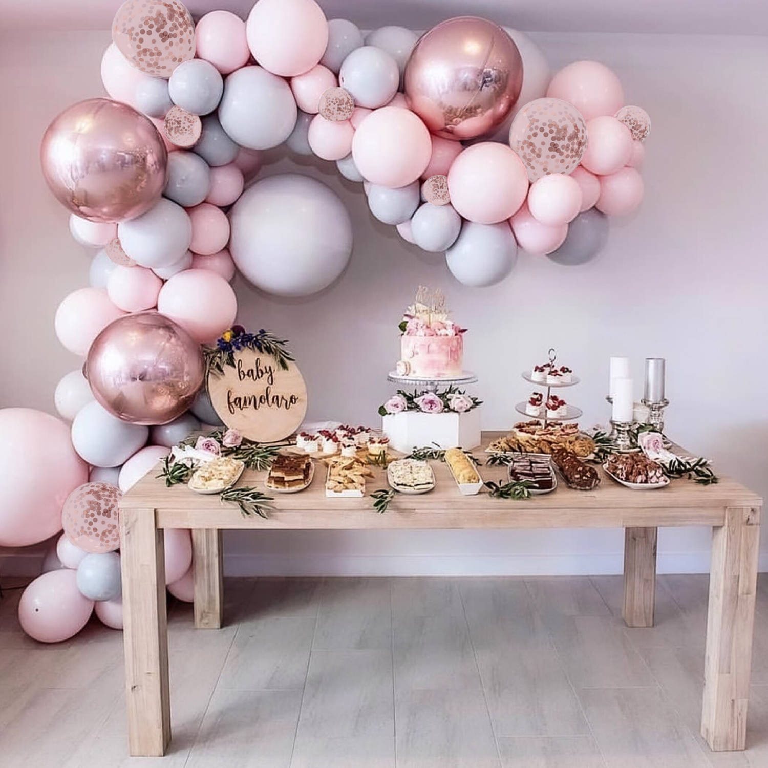 Fissaly® Dubbel Gevulde Pastel Ballonnenboog Macaron Roze, Grijs & Rose Goud - Ballonboog Feest Decoratie Versiering