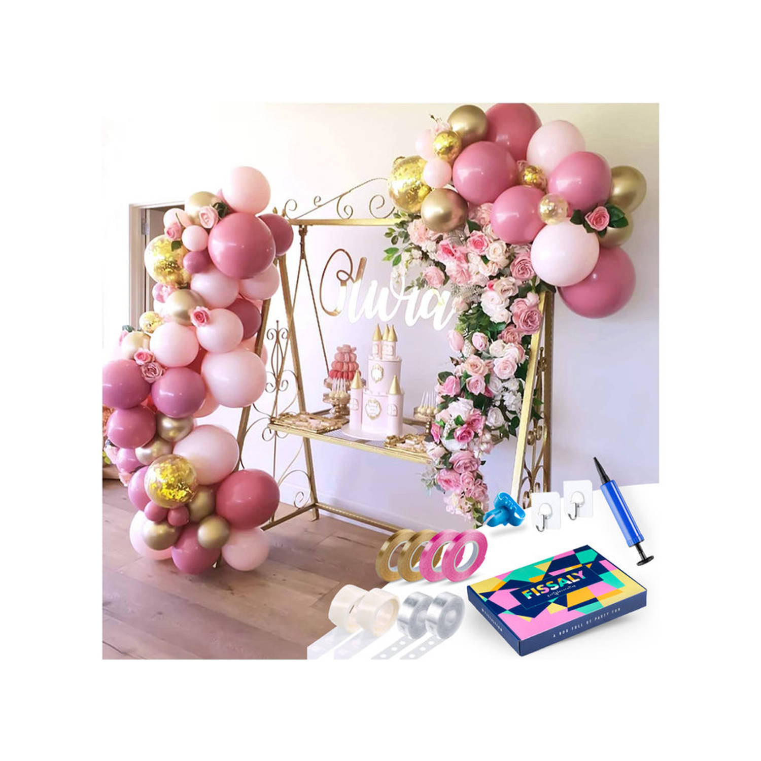 Fissaly® Pastel Ballonnenboog Roze & Goud – Ballonboog Feest Decoratie Versiering – Verjaardag - Helium, Latex & Confetti Ballonnen Boog