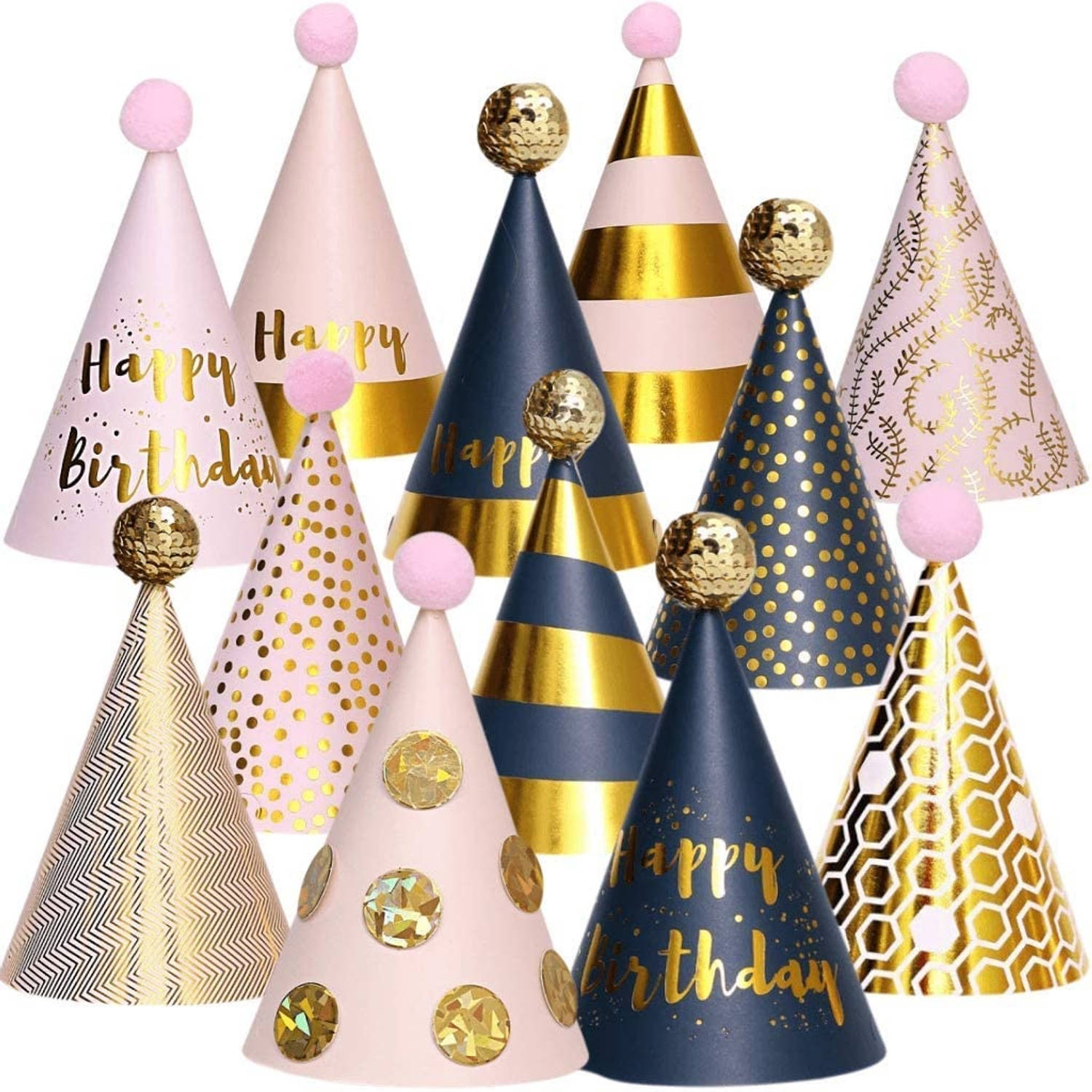 Fissaly® 12 Stuks Happy Birthday Feesthoedjes Karton – Volwassen & Kinderen – Verjaardag Feest Papier Hoedjes – Goud, Roze & Zilver