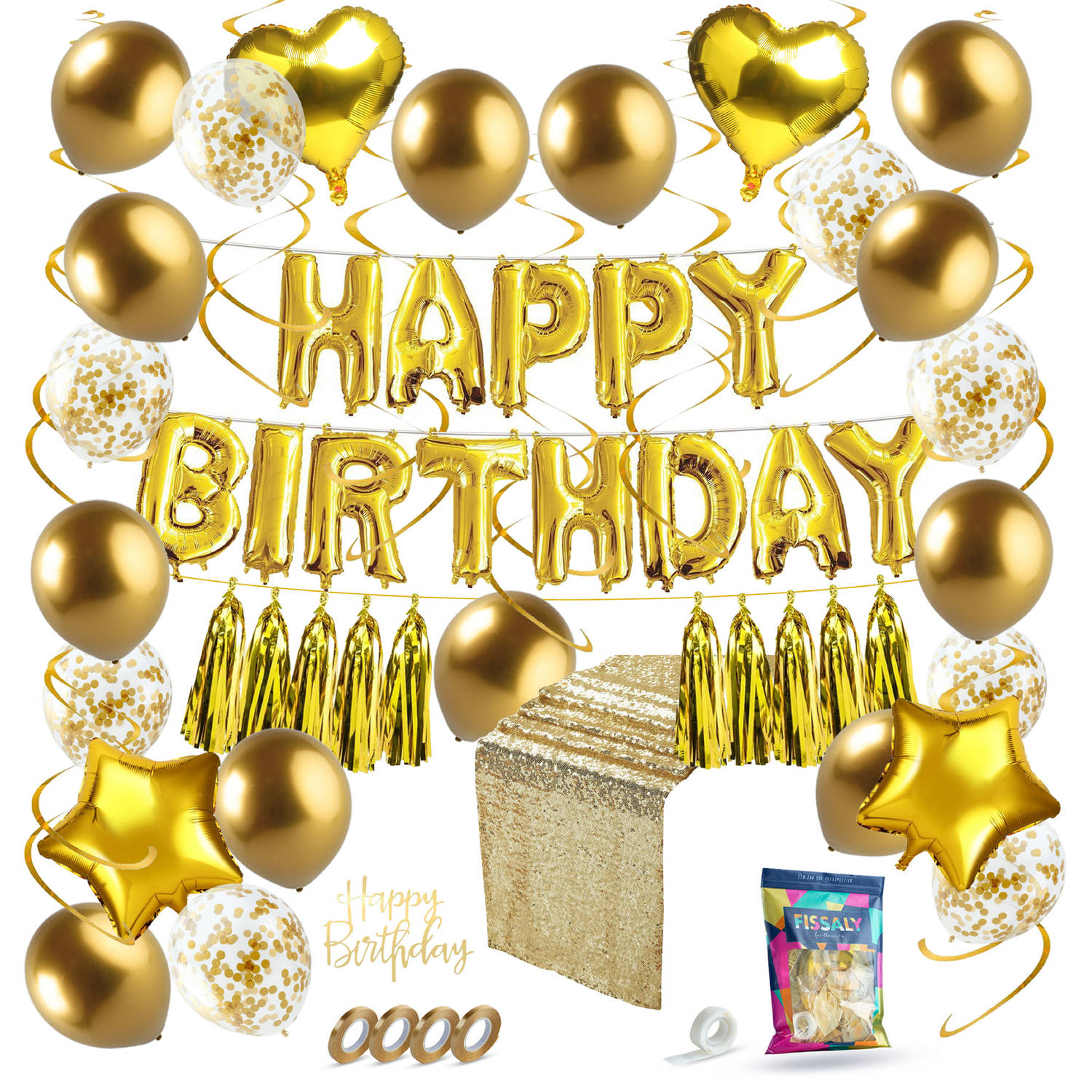 Fissaly® 45 Stuks Gouden Verjaardag Decoratie Versiering met Ballonnen –Happy Birthday Party - Feestartikelen Goud – Feest - Helium