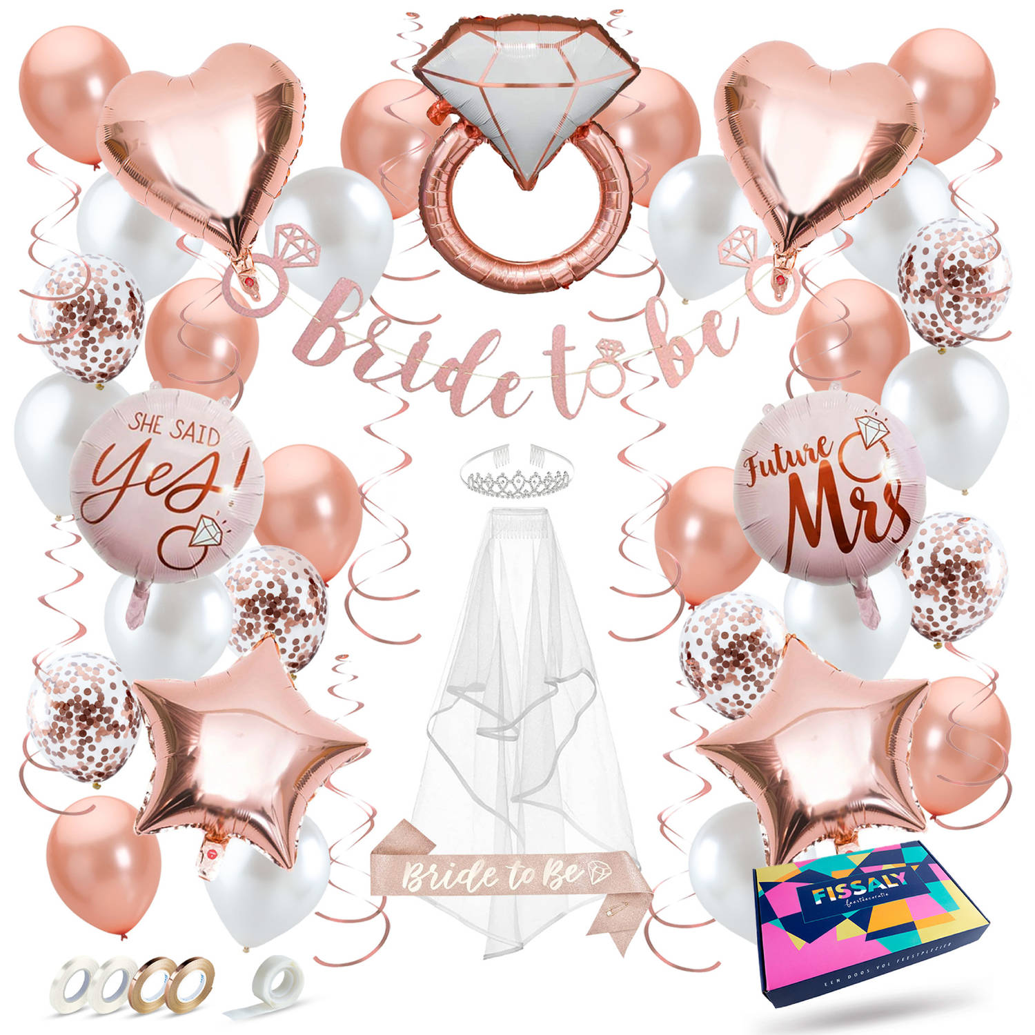 Fissaly® 56 stuks Bride To Be Decoratie Set – Vrijgezellenfeest Vrouw – Inclusief Ballonnen, Sjerp, Sluier, Versieringen & Accessoires