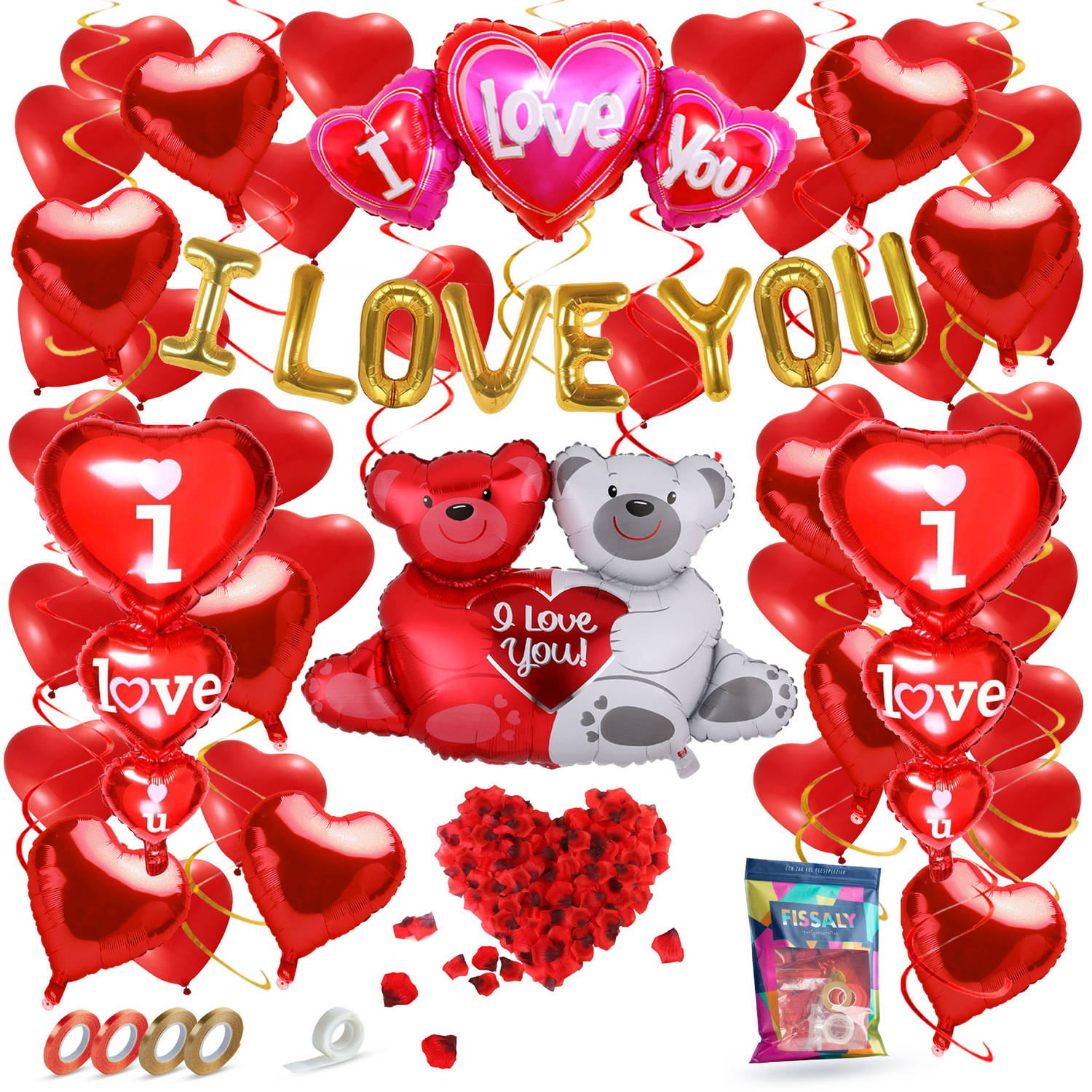 Fissaly® 70 Stuks I Love You Liefde & Hartjes Decoratie Set – Versiering Cadeautje - Helium Ballonnen - Hem & Haar Cadeautje - Rood - Valentijn - Moederdag