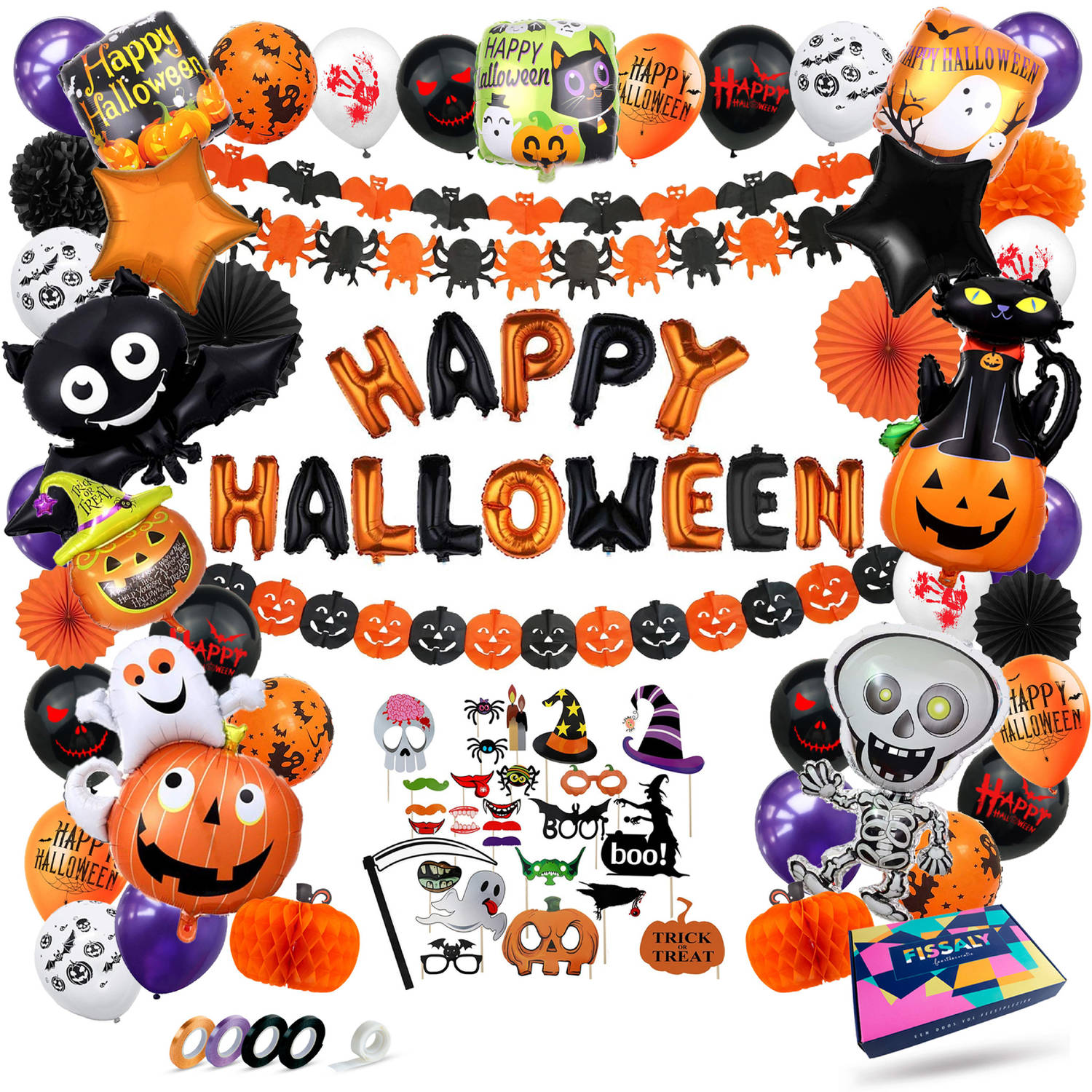Fissaly® 89 Stuks Halloween Decoratie Set – Griezelige Feest Versiering met Slingers & Ballonnen – Accessoires voor Themafeest- Feestversiering met vleermuis, spook, skelet, pompoe