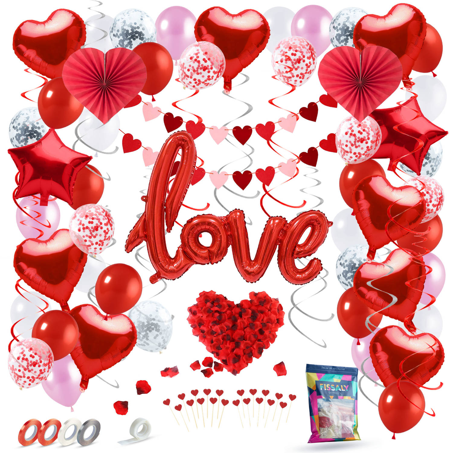 Fissaly® 89 Stuks Liefde & Hartjes Decoratie Set Helium & Papieren Confetti Ballonnen en Lint – I Love you - Cadeautje - Man & Vouw - Hem & Haar - Rood - Valentijn - Moederdag