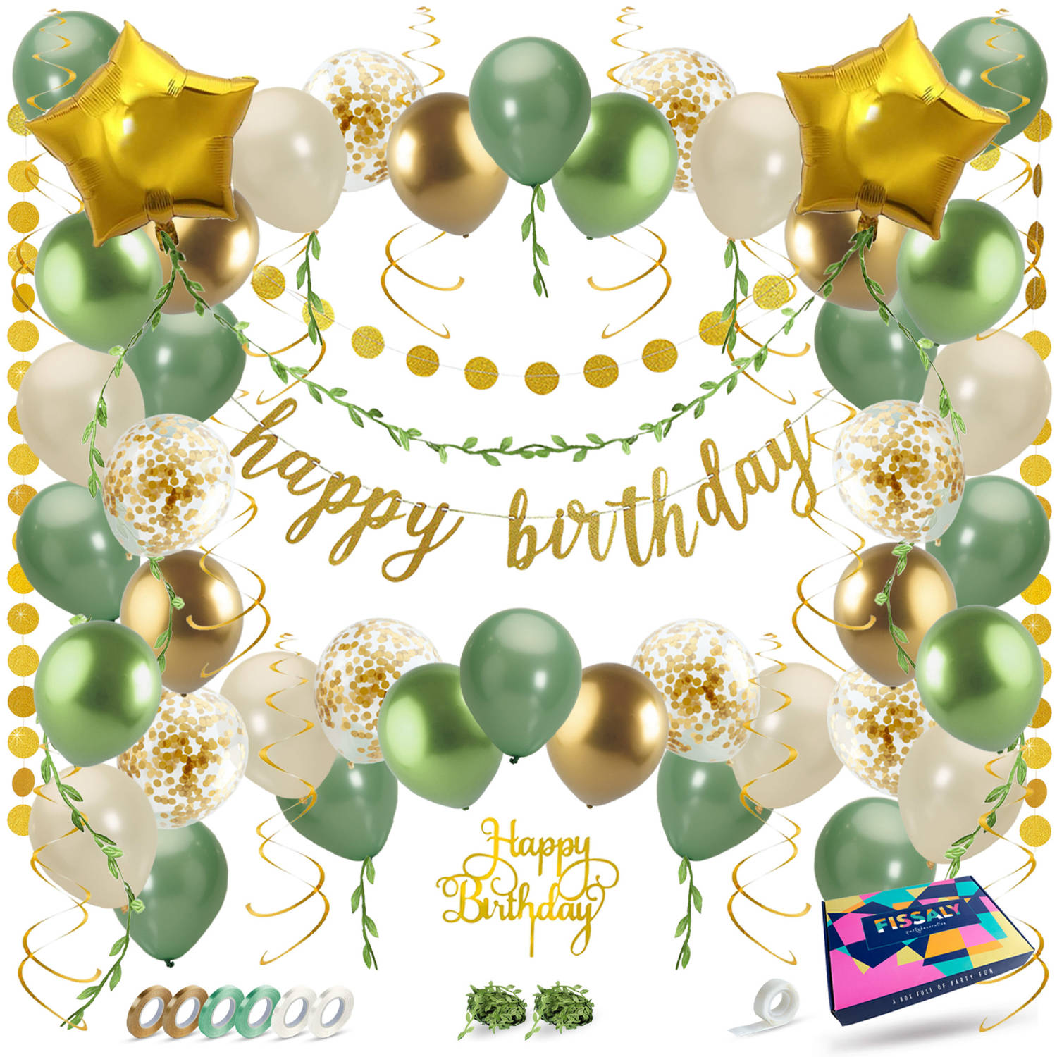 Dhr Wie Beneden afronden Fissaly® Happy Birthday Verjaardag Feestpakket Groen, Goud & Beige -  Papieren Confetti Ballonnen – Decoratie Versiering | Blokker