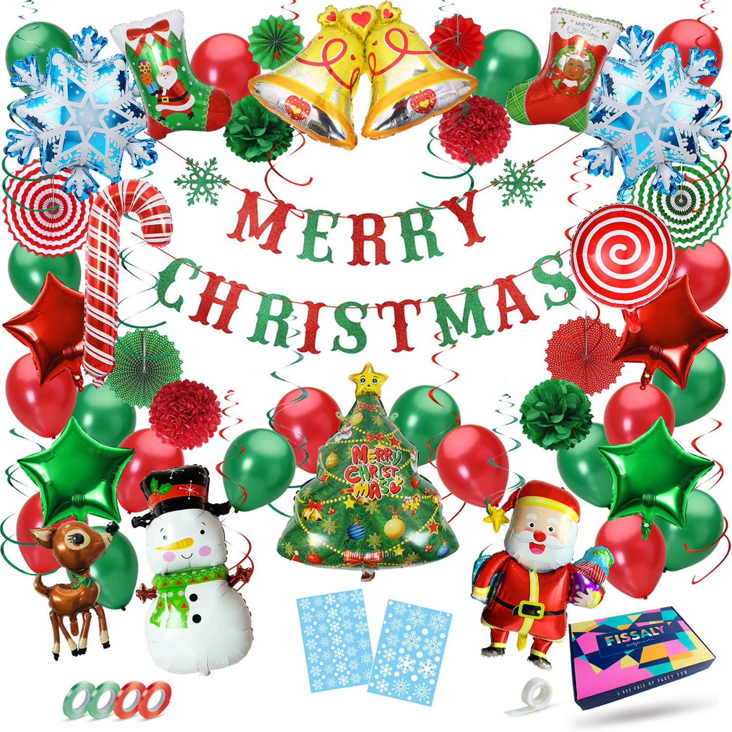 Fissaly® Kerst Versiering Decoratie Pakket – Kerstmis Kerstboom & Kerstman – Kerstdecoratie voor Binnen – Ballonnen Groen & Rood - Incl. Sneeuwvlok stickers