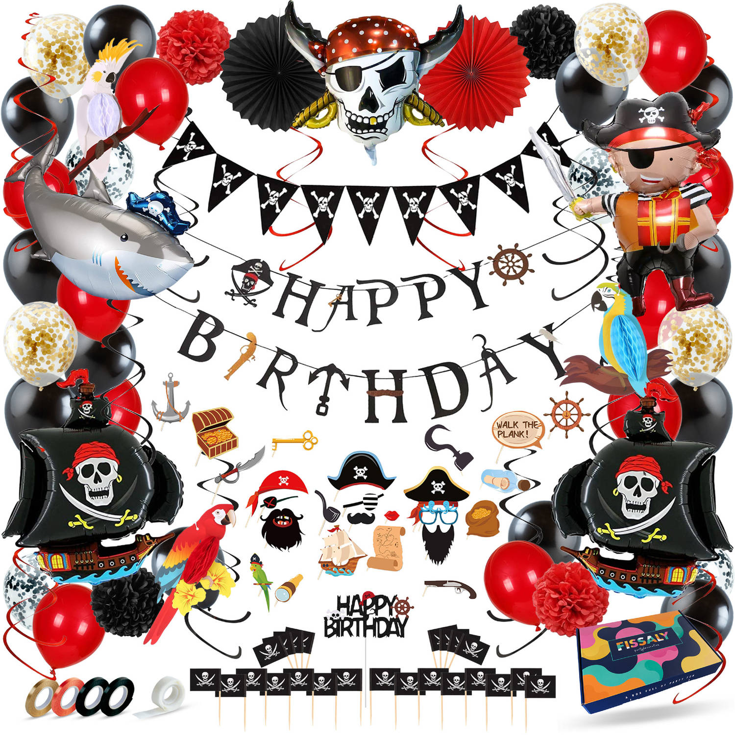 Fissaly® Piraten Feestartikelen Verjaardag Decoratie Feest Set – Piratenfeest Versieringen - Kinderfeestje Jongen & Meisje – Incl. Ballonnen, Piratenschip, Slingers, Verkleedkleren