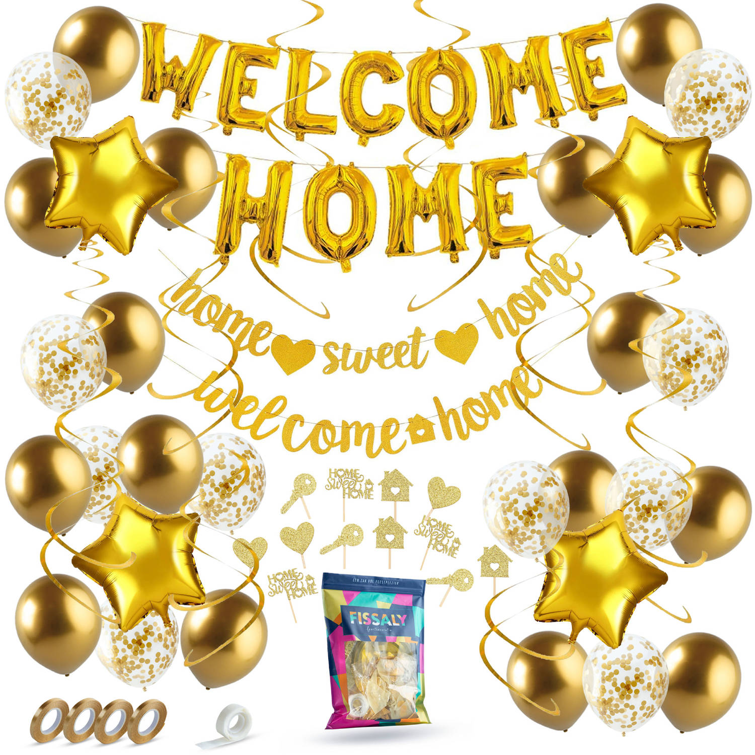 Fissaly® Welkom Thuis Gouden Versiering – Welcome Home Decoratie - Suprise Party – Inclusief Ballonnen, Slingers, Vlaggenlijn, Caketoppers & Accessoires