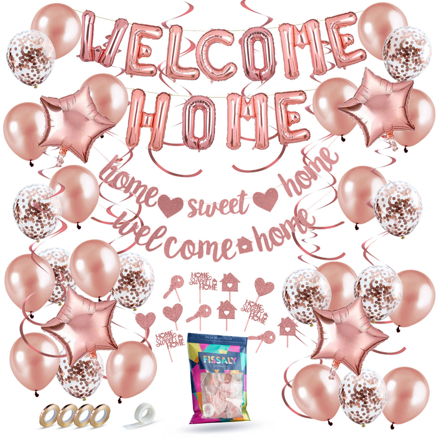 Fissaly® Welkom Thuis Rose Goud Versiering – Welcome Home Decoratie - Suprise Party – Inclusief Ballonnen, Slingers, Vlaggenlijn, Caketoppers & Accessoires