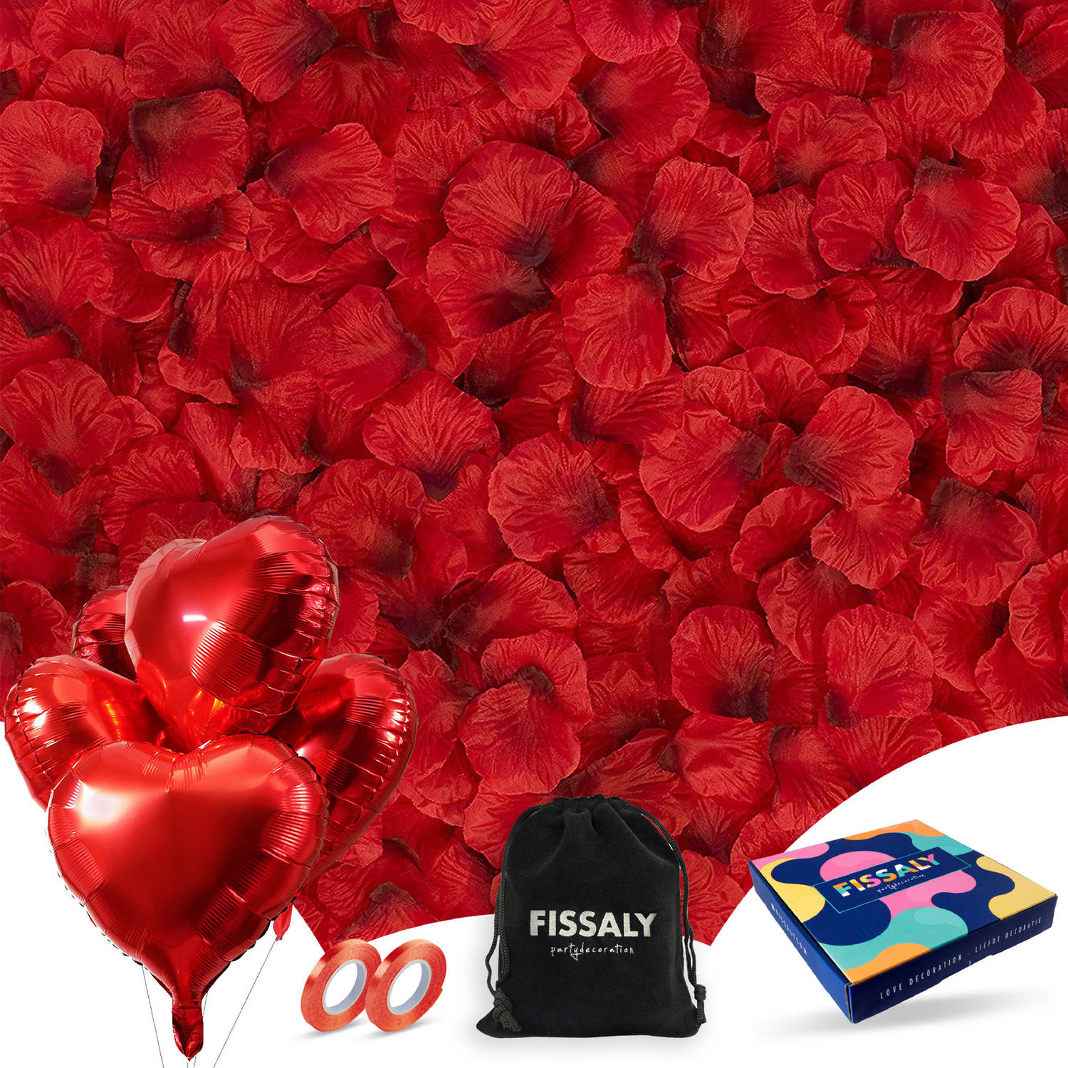 Fissaly® 2000 Stuks Rode Rozenblaadjes met Hartjes Ballonnen - Romantische Liefde Versiering - Liefdes Decoratie - Rood