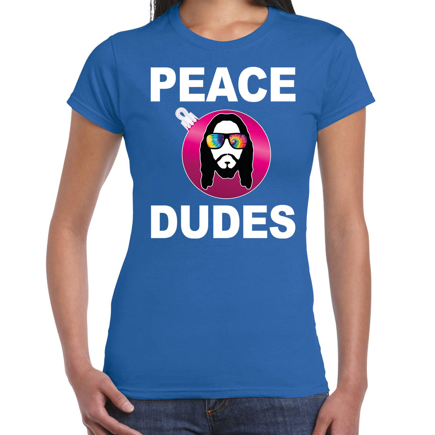 Blauw Kerstshirt / Kerstkleding peace dudes voor dames met social media kerstbal S - kerst truien