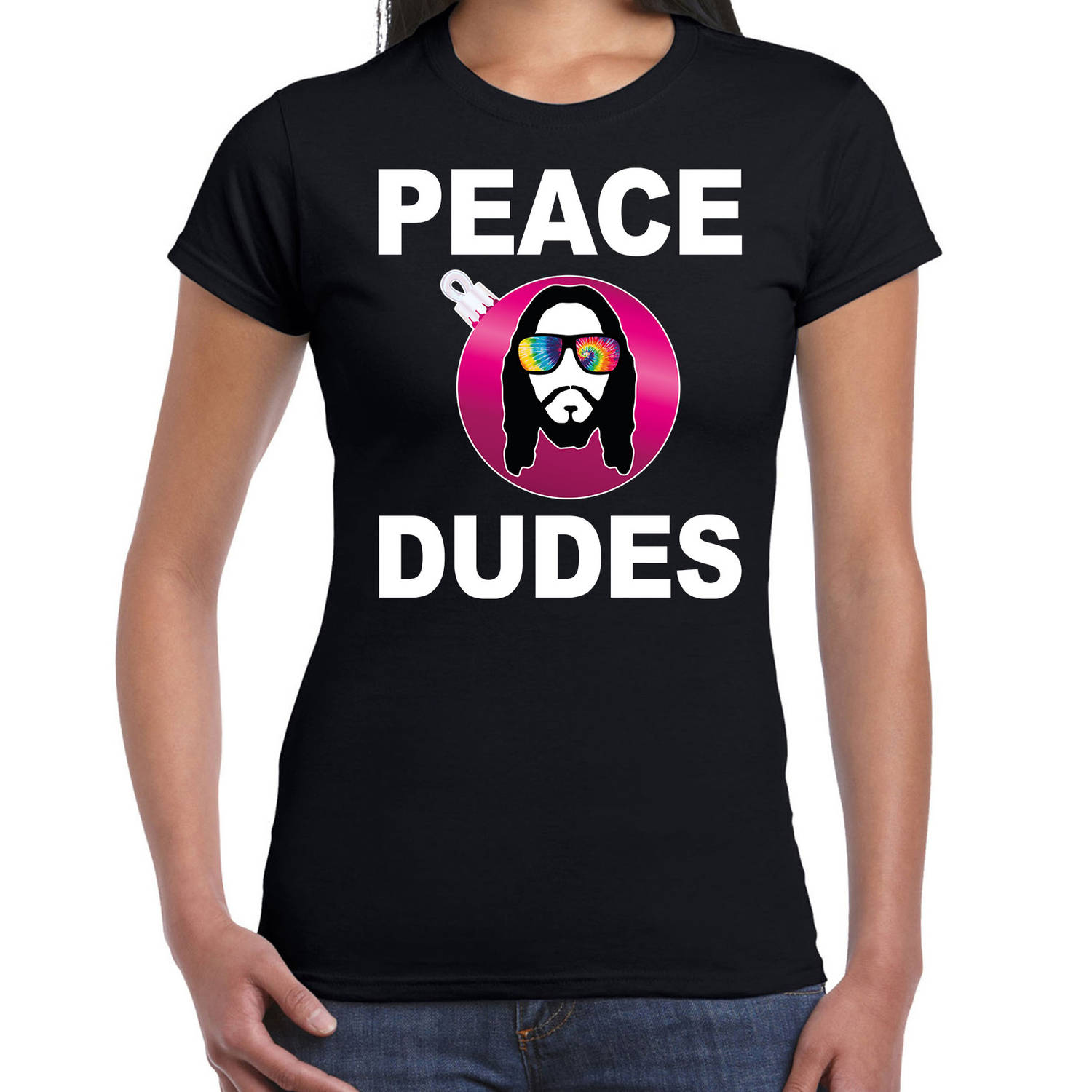 Zwarte Kerstshirt / Kerstkleding peace dudes voor dames met social media kerstbal S - kerst t-shirts