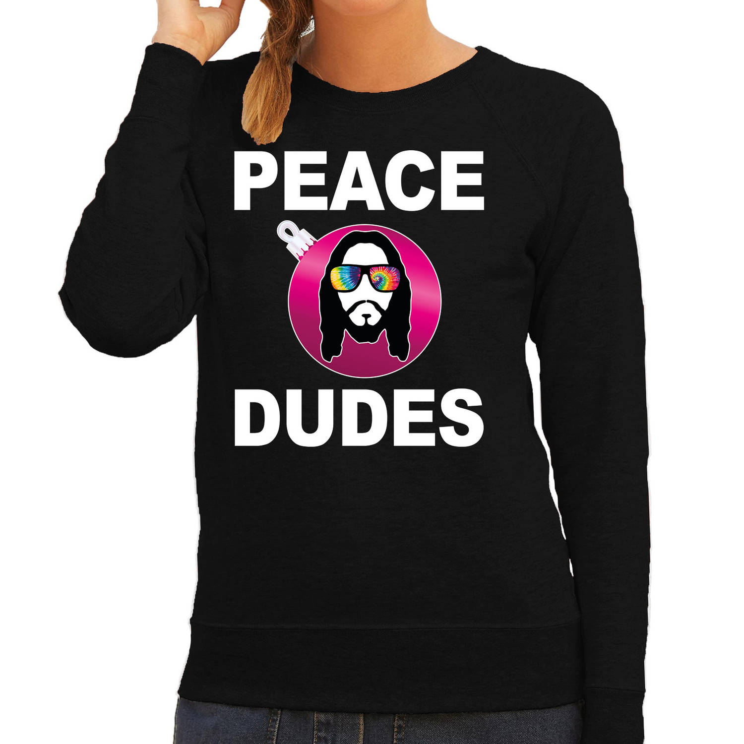 Zwarte Kersttrui / Kerstkleding peace dudes voor dames met social media kerstbal XL - kerst truien