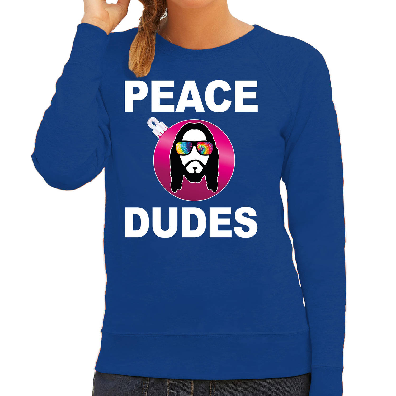 Blauwe Kersttrui / Kerstkleding peace dudes voor dames met social media kerstbal S - kerst truien