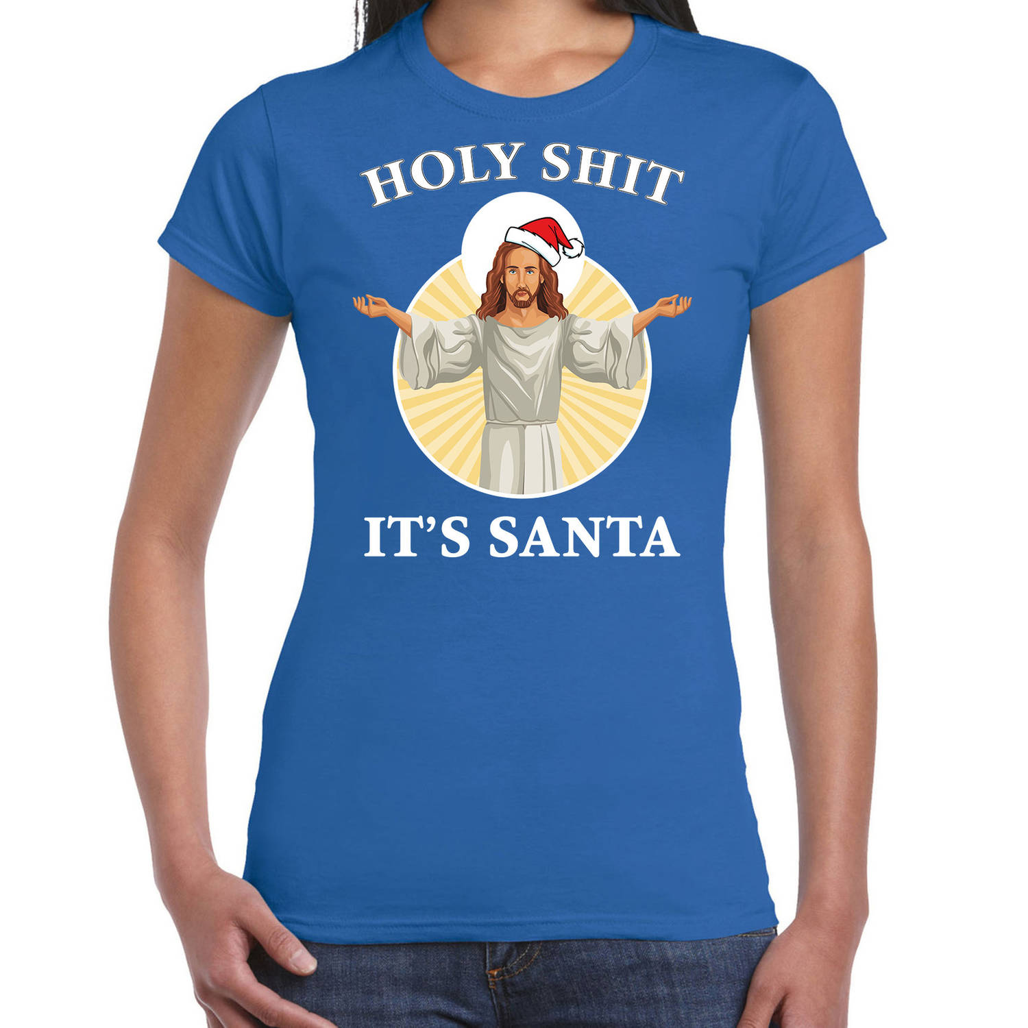 Blauw Kerstshirt / Kerstkleding Holy shit its Santa voor dames S - kerst t-shirts